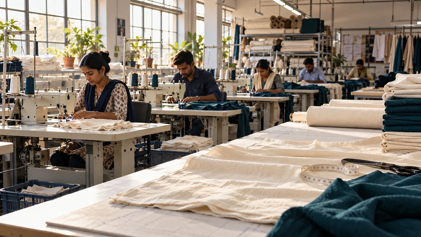 Garment workshop with sewing machines, fabric rolls and a cutting table